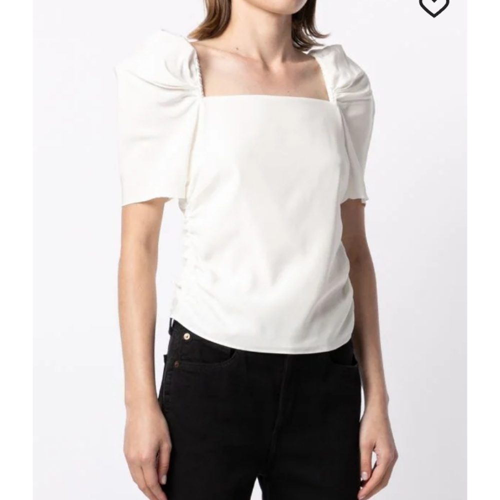 FRAME  BETTY STRETCH- SILK RUCHED PUFF- SLEEVE‎ TOP IN OFF-WHITE